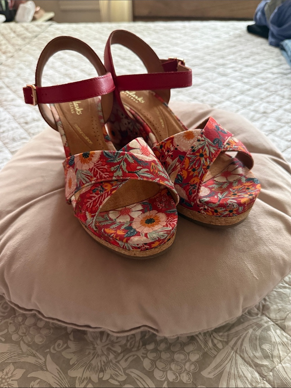 Clarks Red Floral Wedge Sandals with Buckle Ankle Strap